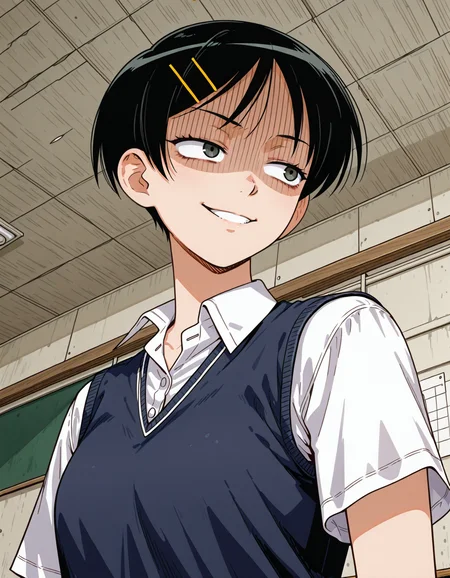 1girl,
<lora:kon_rin:1> ,kon_rin,vest,,white shirt,short sleeves, black hair, short hair,hair clip,
classroom, glaring,looking to the side, evil smile,,shaded face,upper body,(from below:0.5),