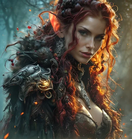 RAW photo, (masterpiece:1.3), subsurface scattering, heavy shadow, (high quality:1.4), (intricate, high detail:1.2), professional photography, HDR, High Dynamic Range, realistic, ultra realistic, photorealistic, high resolution, film photography, ambient lighting, atmospheric effects, <lora:detail_slider_v4:2>, OverallDetail, <lora:PinupPixie:0.6>, PinupPixie, as a female wildelf ranger, wild hair, dynamic pose, <lora:Wildelf:1>, auwo, DarkFantasy, in a clearing in a magical autumn woods, sunlight, godrays, <lora:AutumnWoods:0.7>, epiCPhoto <lora:cleavage:-1>