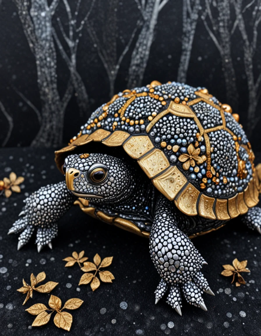 novuschroma63 style eastern box turtle , made of silver and gold jewels, glitter <lora:sdxl_lightning_8step_lora:1> <lora:novuschroma63 style:1>