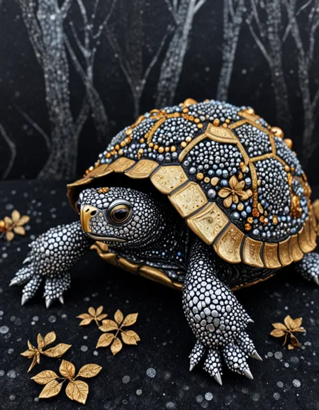 novuschroma63 style eastern box turtle , made of silver and gold jewels, glitter <lora:sdxl_lightning_8step_lora:1> <lora:novuschroma63 style:1>