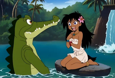 Tick tock crocodile,male animal focus,tail, crocodile open large mouth ,green skin, blue eyes, Tick Tock the crocodile is giant and very huge size,teeth, swimming in water,partially submerged,Tick Tock the crocodile looking at a young girl who she is sitting on rock cliff. Little_Girl_anime_manga,long hair, black hair, dark-skinned female,the girl her very smal size, purple eyes, et egyptian_clothe, chest_band,pink very long_tropical_dress, jewelry, dark skin, smile, necklace,hair flower, bracelet, anklet_grass, barefoot,open mouth,river,palm trees, jungle,temple, Disney, waterfall,anime, manga