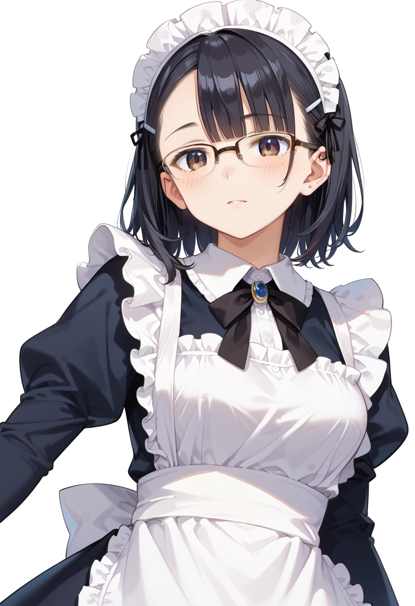 score_9, score_8_up, score_7_up, rating_safe, masterpiece, best quality, absurdres, unity 8k wallpaper, official art, official style, source_anime, uncensored, game cg, megami magazine,
1girl, solo, black hair, medium hair, upper body, covered eyes,maid, maid headdress, black dress, maid apron, face focus,
halfrim22A,  still life, white background, simple background, brown-framed eyewear,
 <lora:glasses_halfrim22A_PONY_V1:1>
