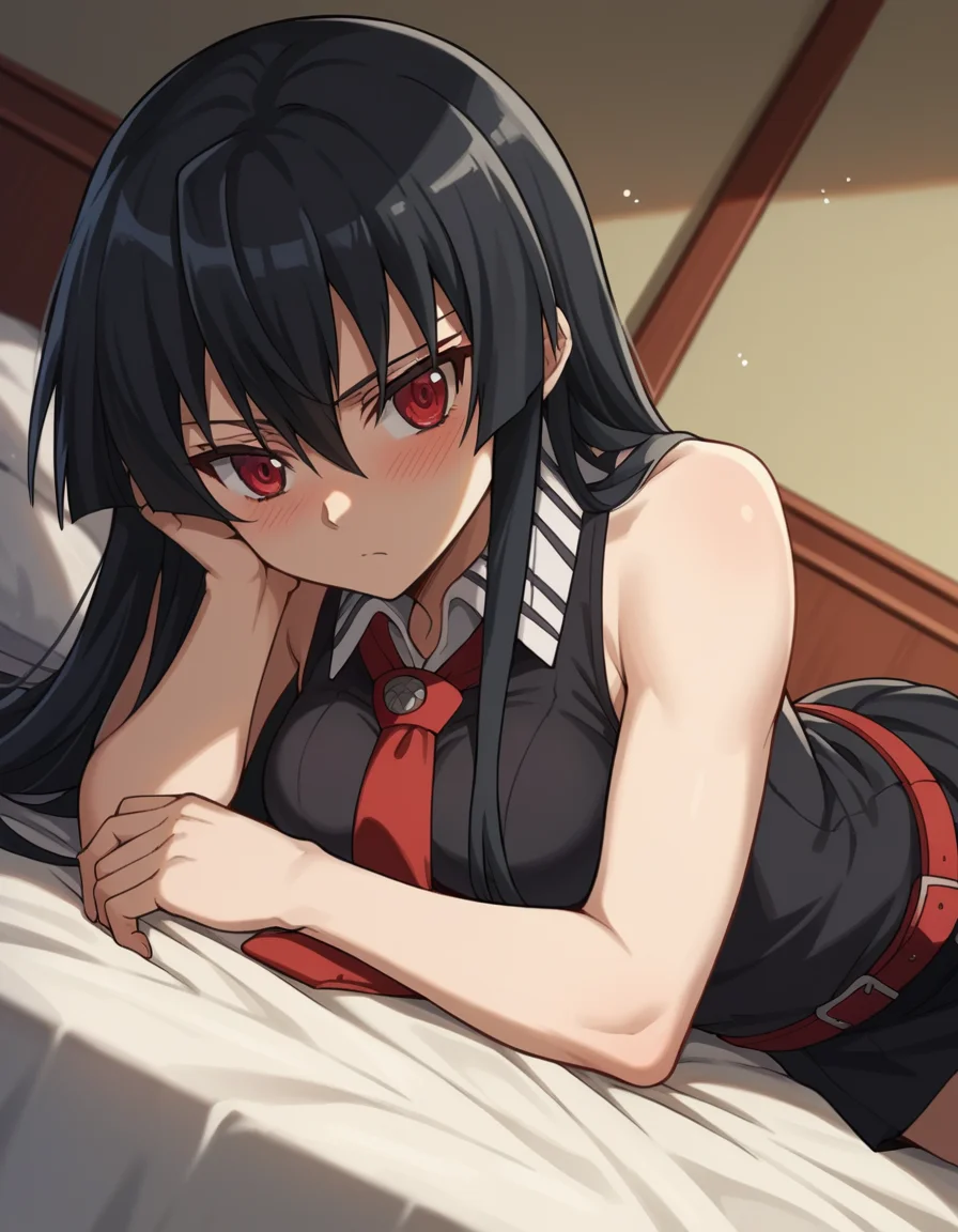 score_9, score_8_up, score_7_up, source_anime,
agkakame, <lora:agk-akame-s1-ponyxl-lora-nochekaiser:1>,
akame, long hair, black hair, red eyes, hair between eyes,
skirt, dress, necktie, sleeveless, belt, shirt, black shirt, collared shirt, red necktie, black skirt,
indoors, bed, bed room, on side, blush, drunk,
cowboy shot, solo, dutch angle, looking at viewer,