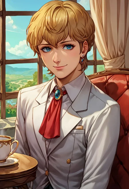 score_9, score_8_up, score_7_up, source_anime,
, (best quality) , (highly detailed) ,masterpiece ,absurdres ,detailed face ,beautiful face , (masterpiece, best quality, very aesthetic, ultra detailed), intricate details, 4k,
Hildegard,score_9,score_8_up,1girl,female,kawaii,solo,short ,feminine, hair,earrings,suit,white collared shirt,ascot,brooch,upper_body,looking_at_viewer,smile,closed mouth,sitting,couch,table,window_,curtains,stretching your spine,cup,teacup,saucer,parody,
OverallDetail