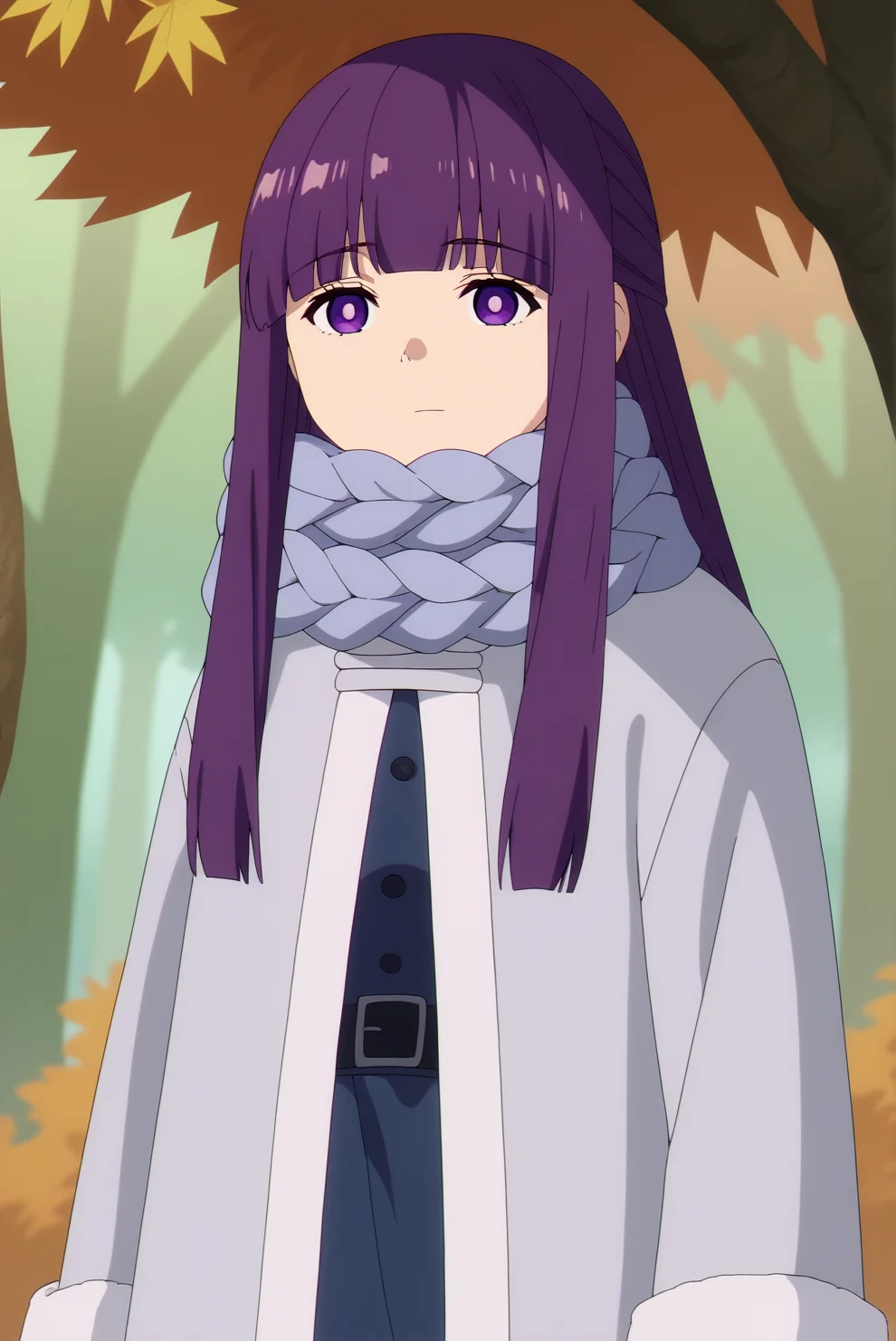 score_9, score_8_up, score_7_up, score_6_up, score_5_up, score_4_up, source_anime,anime screencap,anime coloring BREAK fern,mature,1girl,solo,bangs,long purple hair, purple eyes, light-gray winter jacket,braided scarf,blunt bangs, nature, outdoors, autumn trees,forest,leafs, expressionless, bright pupils, white pupils,cowboy shot,consistent background <lora:Fern - PDXL.safetensors:0.8>