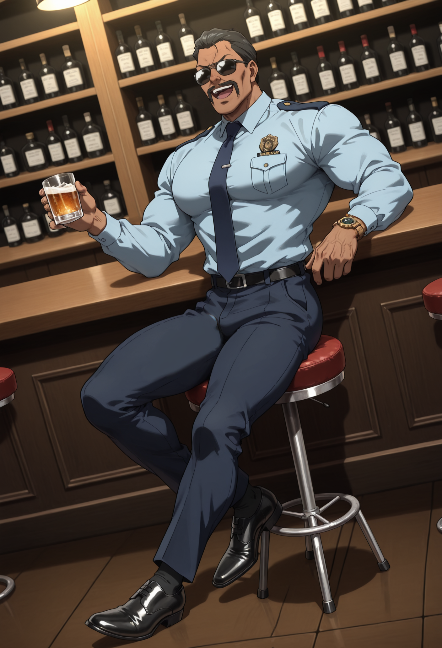 BREAK anime color,dutch angle,from_side,full_shot,(solo),1boy,male focus,
full-length portrait,sit on a stool,holding cup,vodka,
masculine face,daddy looking face,masculine,wrinkle,Villain,thug,
Abrego,Black hair,sunglasses,mustache,<lora:Abrego__Black_Lagoon:0.8>,
:d,open mouth,
police_uniform,dark blue pants,light blue shirt,dark blue tie,formal attire,long_sleeves,large leather shoes,pure black socks,1 only feet with no shoes sticking out,foot odor,
tlarger men,Big body,broad shoulders,stocky_body,big muscule,
Dark skin,Muscled,narrow waist,toned body,
large pectorals,
detailed face,detailed body,perfect anatomy,
masterpiece,best quality,amazing quality,
k0n0hanaya,<lora:-Konohanaya:0.4>,
Hotcha,<lora:hots_r1:0.2>,<lora:cfg_scale_boost:0.2>,<lora:NAI_QualityV1.1:0.4>,<lora:add-detail-xl:0.7>,
multicolored_background,bar,men's watch,