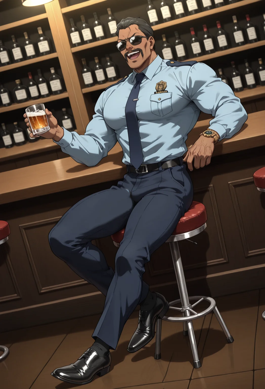 BREAK anime color,dutch angle,from_side,full_shot,(solo),1boy,male focus,
full-length portrait,sit on a stool,holding cup,vodka,
masculine face,daddy looking face,masculine,wrinkle,Villain,thug,
Abrego,Black hair,sunglasses,mustache,<lora:Abrego__Black_Lagoon:0.8>,
:d,open mouth,
police_uniform,dark blue pants,light blue shirt,dark blue tie,formal attire,long_sleeves,large leather shoes,pure black socks,1 only feet with no shoes sticking out,foot odor,
tlarger men,Big body,broad shoulders,stocky_body,big muscule,
Dark skin,Muscled,narrow waist,toned body,
large pectorals,
detailed face,detailed body,perfect anatomy,
masterpiece,best quality,amazing quality,
k0n0hanaya,<lora:-Konohanaya:0.4>,
Hotcha,<lora:hots_r1:0.2>,<lora:cfg_scale_boost:0.2>,<lora:NAI_QualityV1.1:0.4>,<lora:add-detail-xl:0.7>,
multicolored_background,bar,men's watch,