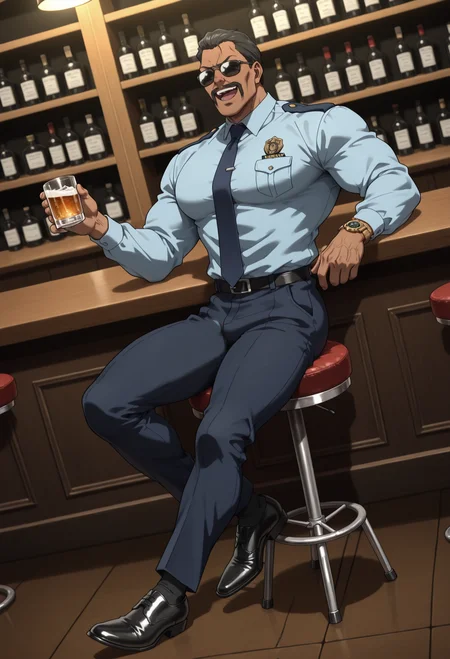 BREAK anime color,dutch angle,from_side,full_shot,(solo),1boy,male focus,
full-length portrait,sit on a stool,holding cup,vodka,
masculine face,daddy looking face,masculine,wrinkle,Villain,thug,
Abrego,Black hair,sunglasses,mustache,<lora:Abrego__Black_Lagoon:0.8>,
:d,open mouth,
police_uniform,dark blue pants,light blue shirt,dark blue tie,formal attire,long_sleeves,large leather shoes,pure black socks,1 only feet with no shoes sticking out,foot odor,
tlarger men,Big body,broad shoulders,stocky_body,big muscule,
Dark skin,Muscled,narrow waist,toned body,
large pectorals,
detailed face,detailed body,perfect anatomy,
masterpiece,best quality,amazing quality,
k0n0hanaya,<lora:-Konohanaya:0.4>,
Hotcha,<lora:hots_r1:0.2>,<lora:cfg_scale_boost:0.2>,<lora:NAI_QualityV1.1:0.4>,<lora:add-detail-xl:0.7>,
multicolored_background,bar,men's watch,