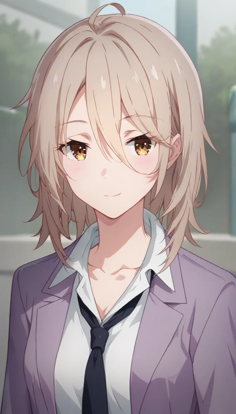score_9,score_8_up,score_7_up,score_6_up BREAK official art,solo,outdoors,upper body,(portrait:1.5),looking at viewer,facing viewer,smile,blush,Eiha Kudou,ahoge,light brown hair,medium hair,sidelocks,hair between eyes,parted bangs,brown eyes,collarbone,school uniform,purple jacket,blazer,open jacket,black necktie,white shirt,collared shirt,open collar,medium breasts,shirt tucked in,black belt,purple pants,brown footwear,<lora:Eiha Kudou(gs)-Pony:1.5>,