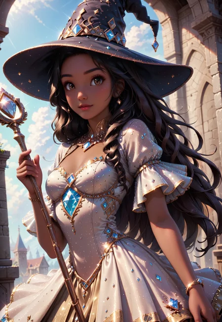 masterpiece, best quality, highly detailed, score_9, score_8_up, score_7_up, detailed background,
detailed face, detailed eyes, perfect anatomy, perfect hands, detailed hands, 1girl ,((dark-skinned female)), very long hair, hair, dark brown eyes, cute face, diamondMW, countless diamonds, diamond dress, diamond witch hat, diamond staff, staff in hands, diamond dust, sparkling diamond, dutch angle, cowboy shot,