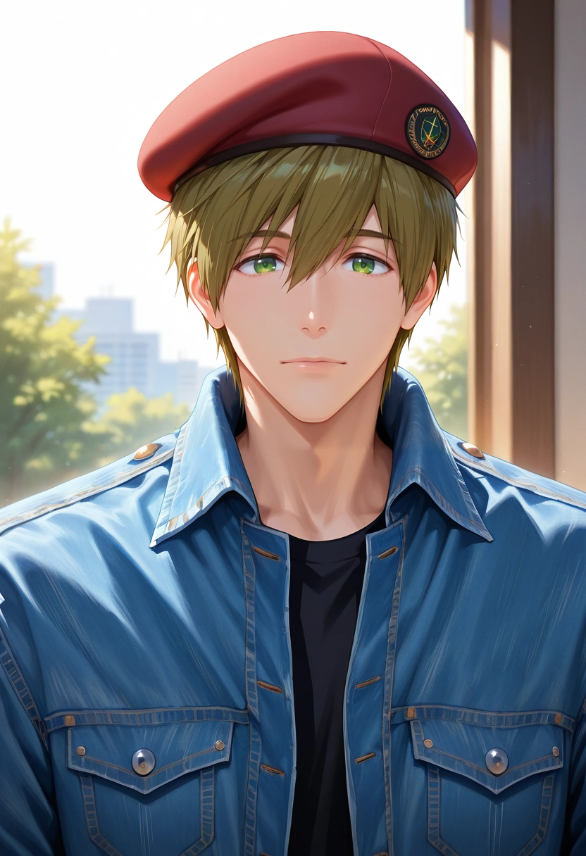masterpiece, best quality, , (realistic:0.6), looking at viewer, 1boy, solo, male focus, <lora:makoto_tachibana_ilxl:0.9>, makoto_tachibana, brown hair, green eyes, hair between eyes, tachibana makoto, , denim jacket, beret