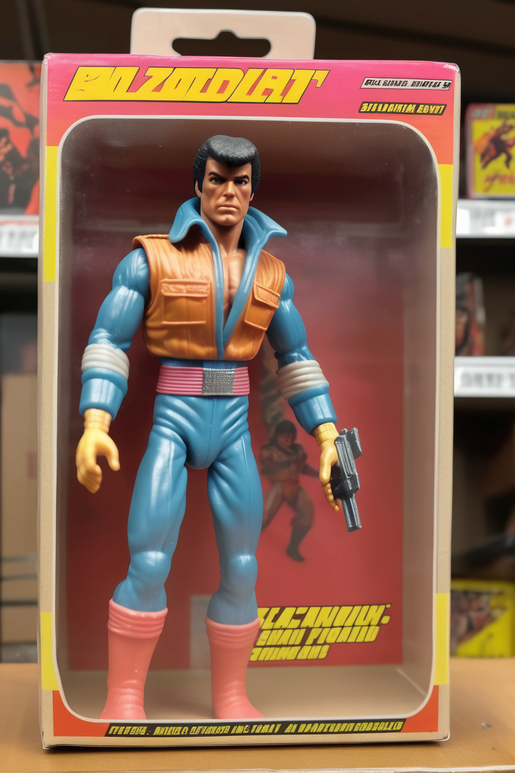 <lora:1987 Action Figure Playset Packaging:1>1987 Action Figure Playset Packaging - a 1980s action figurine still in its original packaging on a store shelf