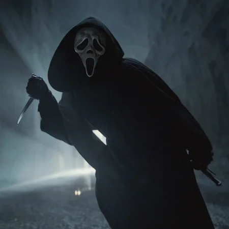 cinematic film still of <lora:Chiaroscuro Lighting Style:1> Chiaroscuro Lighting Style
<lora:Ghostface:1>
Ghostface a person in a black robe and a skeleton mask,scream horror movie style,solo,1boy,holding,weapon,male focus,hood,holding weapon,blurry,mask,blurry background,knife,cloak,hood up,holding knife,hooded cloak,black cloak,holding dagger,black robe , realistic, sharp, detailed, classic, 1990's, horror, photography, artistic, perfect knife, crazy, shallow depth of field, vignette, highly detailed, high budget, bokeh, cinemascope, moody, epic, gorgeous, film grain, grainy