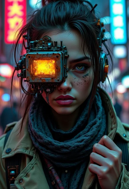 yfg-f@ce, Imagine an image in the style of cinematic photo-realism. A cybernetic drifter, her crude prosthetic eye a boxy, makeshift replacement glowing dimly in the neon-lit streets. The rough, industrial plating around the eye is scarred, rusted, and barely functional, with exposed circuits sparking occasionally. She adjusts her weathered trench coat, disappearing into the dense, smog-filled alleyways of a dystopian metropolis.