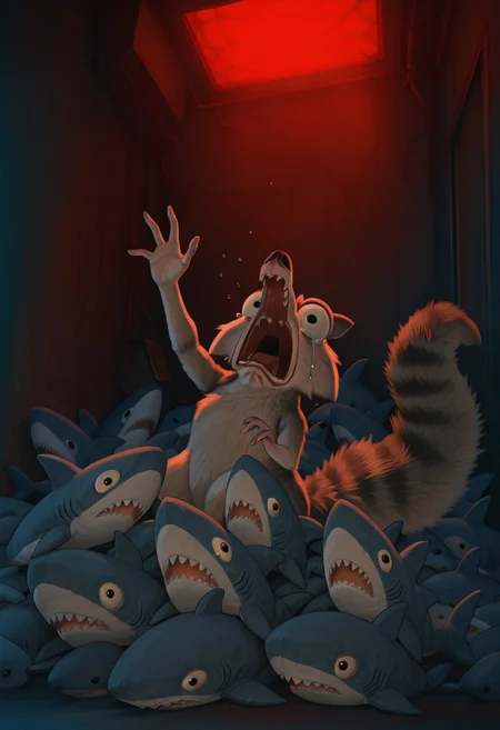 embedding:IllusP0s, scared, reaching, stuffed shark, solo screaming, crying, dramatic, contrast lighting, Scrat, long snout, bushy tail, bulging eyes, striped tail, no humans,