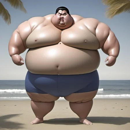 <lora:runga8:0.6>male focus, 1boy, superchub, big belly, sumo, solo, standing, thick arms, full body, fat, black hair, fat man,in beach,