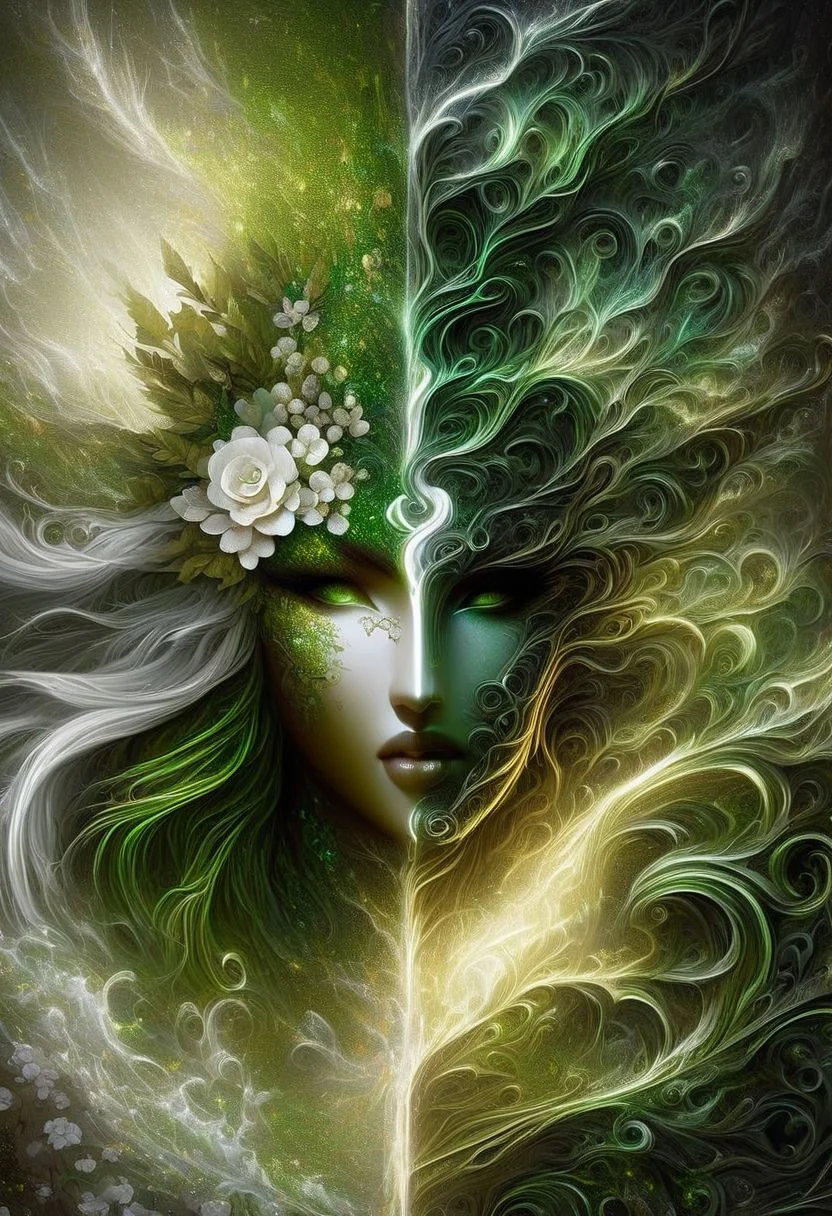 Highly detailed, left hand side white/right hand side dark green highly cinematic, close-up image of a goddess of nature over the world, perfect composition, dark colours, green leaves, forest, lots of details, flowers, metallic ink, beautifully lit, a fine art painting by drew struzan and karol bak, gothic art, dark and mysterious, ilya kuvshinov, russ mills