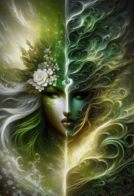 Highly detailed, left hand side white/right hand side dark green highly cinematic, close-up image of a goddess of nature over the world, perfect composition, dark colours, green leaves, forest, lots of details, flowers, metallic ink, beautifully lit, a fine art painting by drew struzan and karol bak, gothic art, dark and mysterious, ilya kuvshinov, russ mills