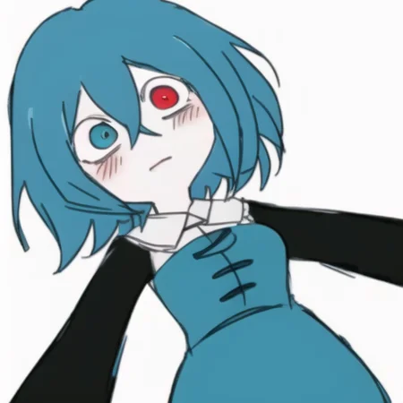 KKHTA_style, sharp_edges, masterpiece, best quality, (upperbody), (tatara kogasa), (simple background:1.3), (white background), <lora:Sloppy Drawing:0.7>, blue dress, kogasa dress, blue hair, heterochromia, red eyes, blue eyes