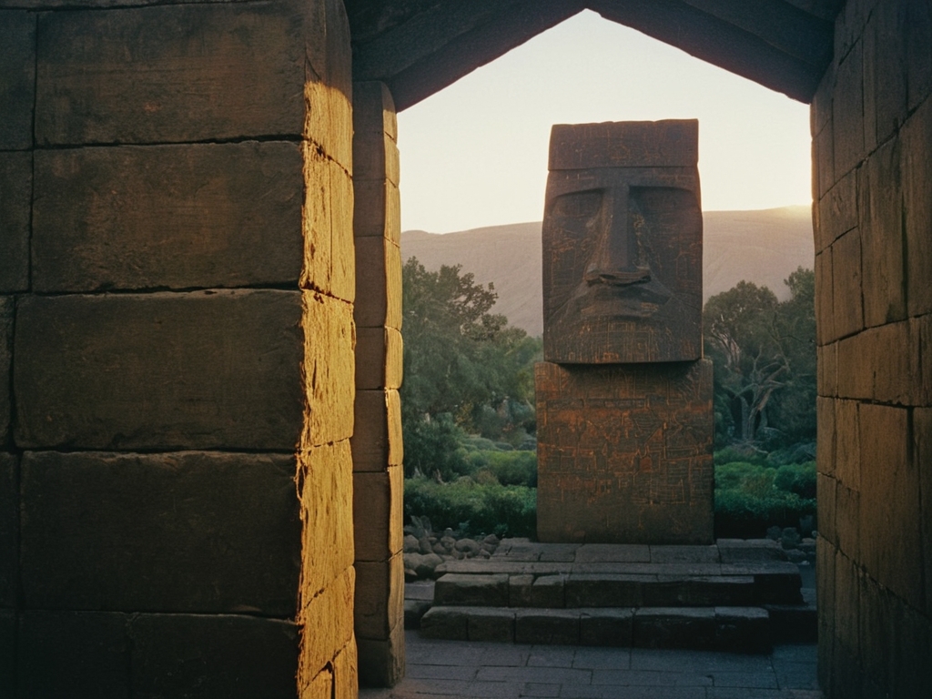 moody lighting, L USM, sharp, focussed, 1960'S [The Moai of Easter Island|The Half Dome] from inside of a Ishtar Gate, Fujicolor Pro 400H, Beautifully Lit
