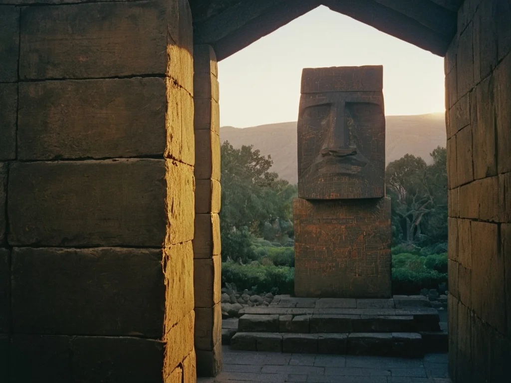 moody lighting, L USM, sharp, focussed, 1960'S [The Moai of Easter Island|The Half Dome] from inside of a Ishtar Gate, Fujicolor Pro 400H, Beautifully Lit