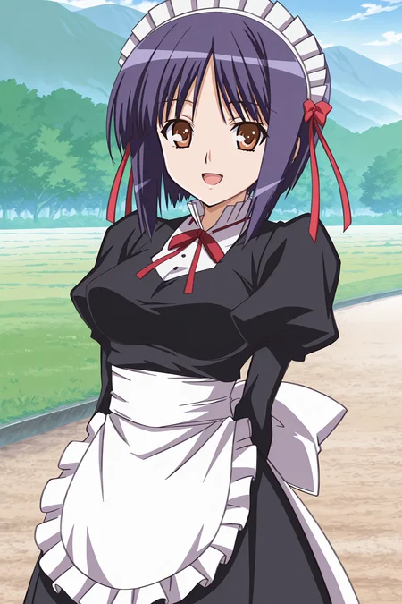 anime screencap, anime coloring, detailed face, masterpiece, best quality, very aesthetic, absurdres, official style, amazing quality, ultra detailed, highres, amazing quality, scenery, beautiful detailed hair, beautiful detailed eyes,
<lora:StS-Illustrious-Detail-Slider-v1.0:4>
girl is 18 years old,
outdoors, looking at the viewer, :D,
<lora:Sylvia_van_Hossen_ft._Yuu_Fujikura_and_Maria_van_Hossen_Princess_Lover_OVA:1>
Yuu Fujikura (character), 1girl, solo, short hair, purple hair, brown eyes, maid, apron, ribbon, maid headdress, long sleeves, hair ribbon, puffy sleeves,
cowboy shot, looking at the viewer, elegant smile