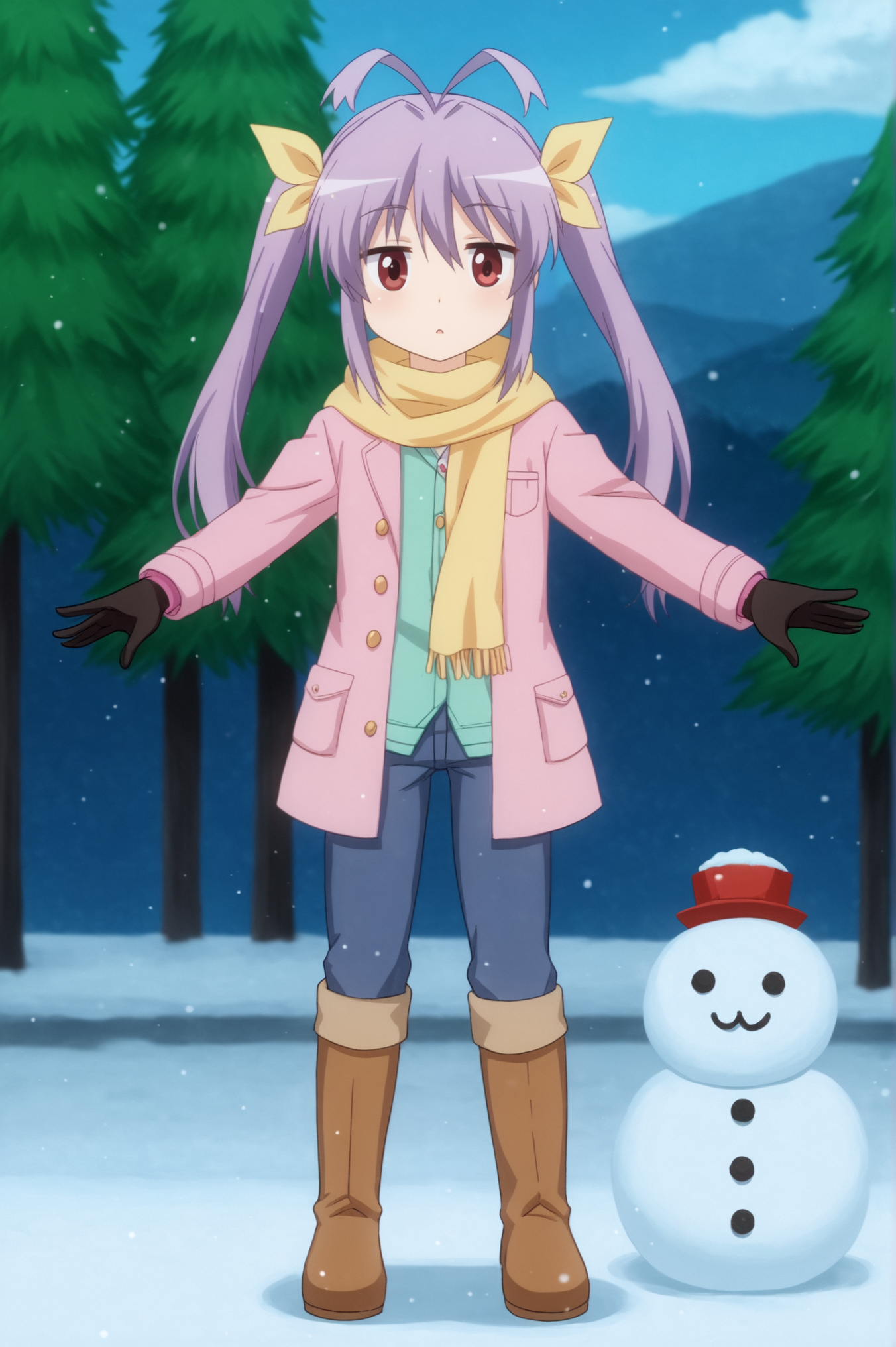 <lora:Renge_Miyauchi:0.7>, Renge Miyauchi, 1girl, solo, gloves, ribbon, jacket, outdoors, boots, pants, scarf, coat, outstretched_arms, snow, snowman, yellow_scarf <lora:sdxl_lightning_4step_lora:1>