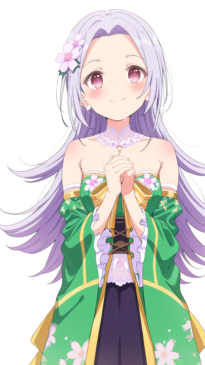 1girl,looking_at_viewer,smile,Nadeshiko,hair ornament,hair flower,idol,white_background,simple background,anime screenshot,sincos,<lora:Nadeshiko_Illustrious_v3:1>,, masterpiece, best quality
