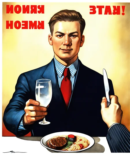 s-o, looking at viewer, smile, brown hair, shirt, long sleeves, 1boy, brown eyes, jacket, male focus, food, multiple boys, necktie, solo focus, striped, collared shirt, signature, 2boys, black eyes, russian text, pov, traditional media, parody, formal, table, suit, knife, red necktie, plate, alcohol, drinking glass, striped shirt, realistic, spoon, fork, glass, pov hands, wine glass, manly, pasta, steak, pinstripe suit, male, holding glass,
masterpiece, absurdres,
<lora:CCCPposter-NOOB-VPRED1.0-7:1>