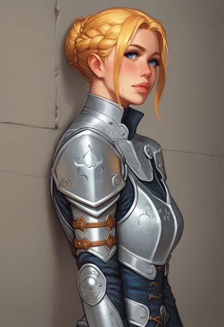 digital painting, high resolution, intricate details, vibrant colors, dynamic lighting, cyberpunk theme, detailed cybernetics, futuristic indoors, techwear,  high contrast, smooth shading, atmospheric, artistic, 8k resolution, layered textures
dynamic pose, Leaning against a wall with one foot up
(((full-clothed armor))), ((long big sword in hands, steel sword in hands)), medieval style
BREAK 
strange world background score_9, score_8_up, score_7_up, score_6_up, source_cartoon, rating_explicit, Expressiveh, (((((portrait, close up))))), dynamic pose