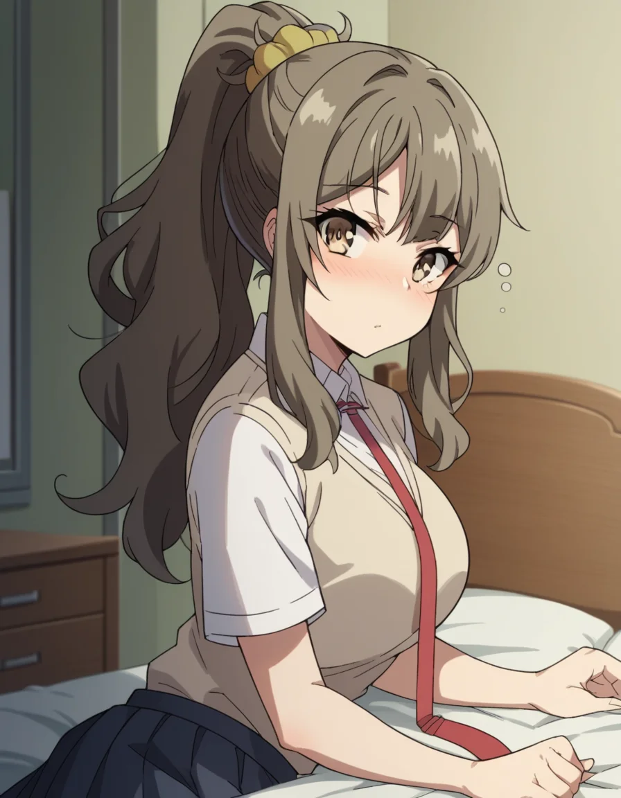 score_9, score_8_up, score_7_up, source_anime,
riofutaba, <lora:rio-futaba-s1-ponyxl-lora-nochekaiser:1>
rio futaba, long hair, brown hair, brown eyes, large breasts,
shirt, hair ornament, school uniform, white shirt, ponytail, short sleeves, necktie, scrunchie, red necktie, hair scrunchie, skirt, pleated skirt,
indoors, bed, bed room, on side, blush, drunk,
looking at viewer, cowboy shot, dutch angle, solo,