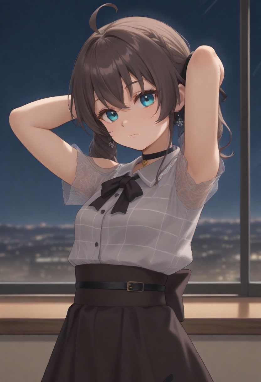 1girl, solo, solo focus, highres, absurdres, MatsuriMineGirl, brown hair, bangs, ahoge, twintails, black ribbon, hair between eyes, hair ribbon, flower earrings, blue eyes, medium hair, drill hair, braid,
small breasts, grey shirt, black choker, brown skirt, shoulder cutout, collared shirt, black bowtie, lace sleeves, plaid shirt, high-waist skirt, puffy short sleeves, 
looking at viewer, expressionless, closed mouth, head tilt, arms up, from side,
indoor, cityscape, neon lights, window, dark, night, night sky, 
light particles, backlighting, shade, light rays, lens flare, shiny skin, fine fabric emphasis,