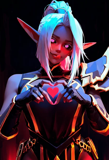 concept art masterpiece, best quality, amazing quality,
<lora:lohushka:1> lohushka, 1girl, solo, white hair, pointy ears, elf, breasts, dark-skinned female, dark elf, purple eyes, ponytail, shoulder armor, pelvic curtain, upper body,
solo, yandere, black-blue theme, dark, green glowing eyes, slit pupils, black sclera, (head tilt:1.3), staring, full-face blush, creepy theme, multicolored background, licking lips, 4-finger heart hands
(night:1.2),<lora:NOOB_vp1_detailer_by_volnovik_v1:1> <lora:cfg_scale_boost:1> <lora:nhl-001:0.9> nhl-001, limited palette, realistic <lora:dark_v1.9-pony:1> dark theme, dim lighting, black theme, dark background, dark room, black background, silhouette, backlighting . digital artwork, illustrative, painterly, matte painting, highly detailed