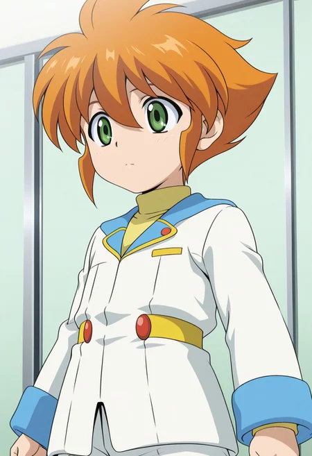 Yu_tendo,1boy,solo,orange hair,short hair,green eyes,male focus,white jacket,long sleeves,turtleneck sweather,male child,white shorts,upper body