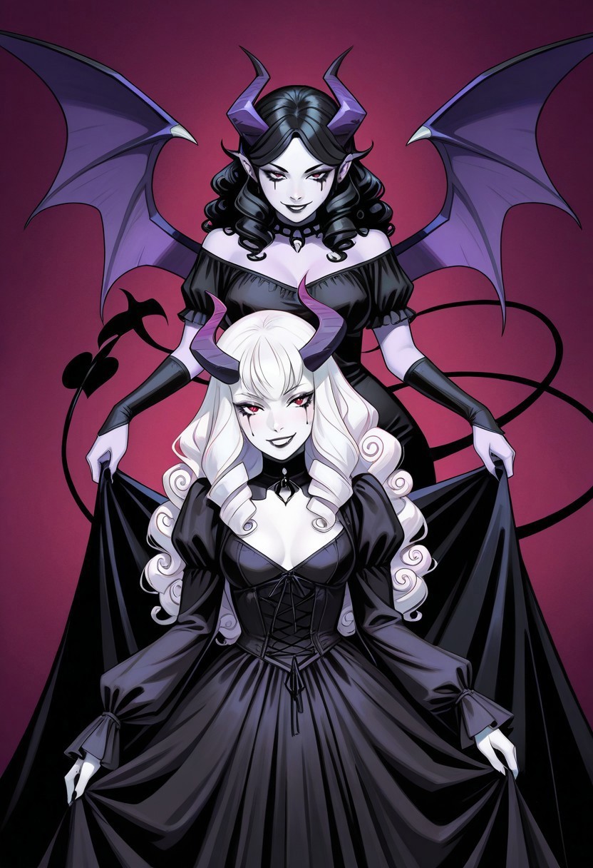 safe_pos, masterpiece, best quality, newest, absurdres, highres,  anime, anime style, Dynamic-Duo-Pose-IL.V1.0, Duo, Duo focus, dynamic duo, dynamic pose, pose, 
1girl, purple skin, purple colored skin, black hair, long hair, curly hair, horns, demon horns, demon girl, dress, long hair, mature woman, seductive, seductive smile, 
BREAK 1girl, white skin, white colored skin, pale skin, albino, albino skin, horns, demon horns, demon girl, succubus, wings, bat wings, demon wings, goth, goth girl, goth makeup, runny makeup, smile, grin, closed mouth,

