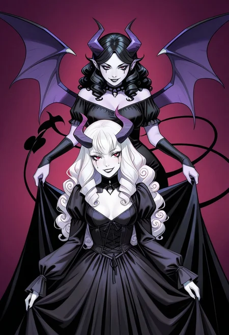 safe_pos, masterpiece, best quality, newest, absurdres, highres, anime, anime style, Dynamic-Duo-Pose-IL.V1.0, Duo, Duo focus, dynamic duo, dynamic pose, pose,
1girl, purple skin, purple colored skin, black hair, long hair, curly hair, horns, demon horns, demon girl, dress, long hair, mature woman, seductive, seductive smile,
BREAK 1girl, white skin, white colored skin, pale skin, albino, albino skin, horns, demon horns, demon girl, succubus, wings, bat wings, demon wings, goth, goth girl, goth makeup, runny makeup, smile, grin, closed mouth,