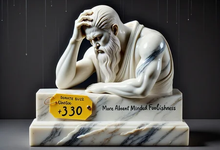 Super detailed photo, raining,
almost realistic marble statue of facepalming bearded man in sitting position dressed in toga, On its pedestal write in large bold headlines:"Donate Buzz for More Absent Minded Foolishness." attach a large yellow price tag to statue with black bold text:"costed 330 buzz"
From left side, write in bold yellow headlines:"Wasted 978 Buzz for competition entry that has just Ended!"