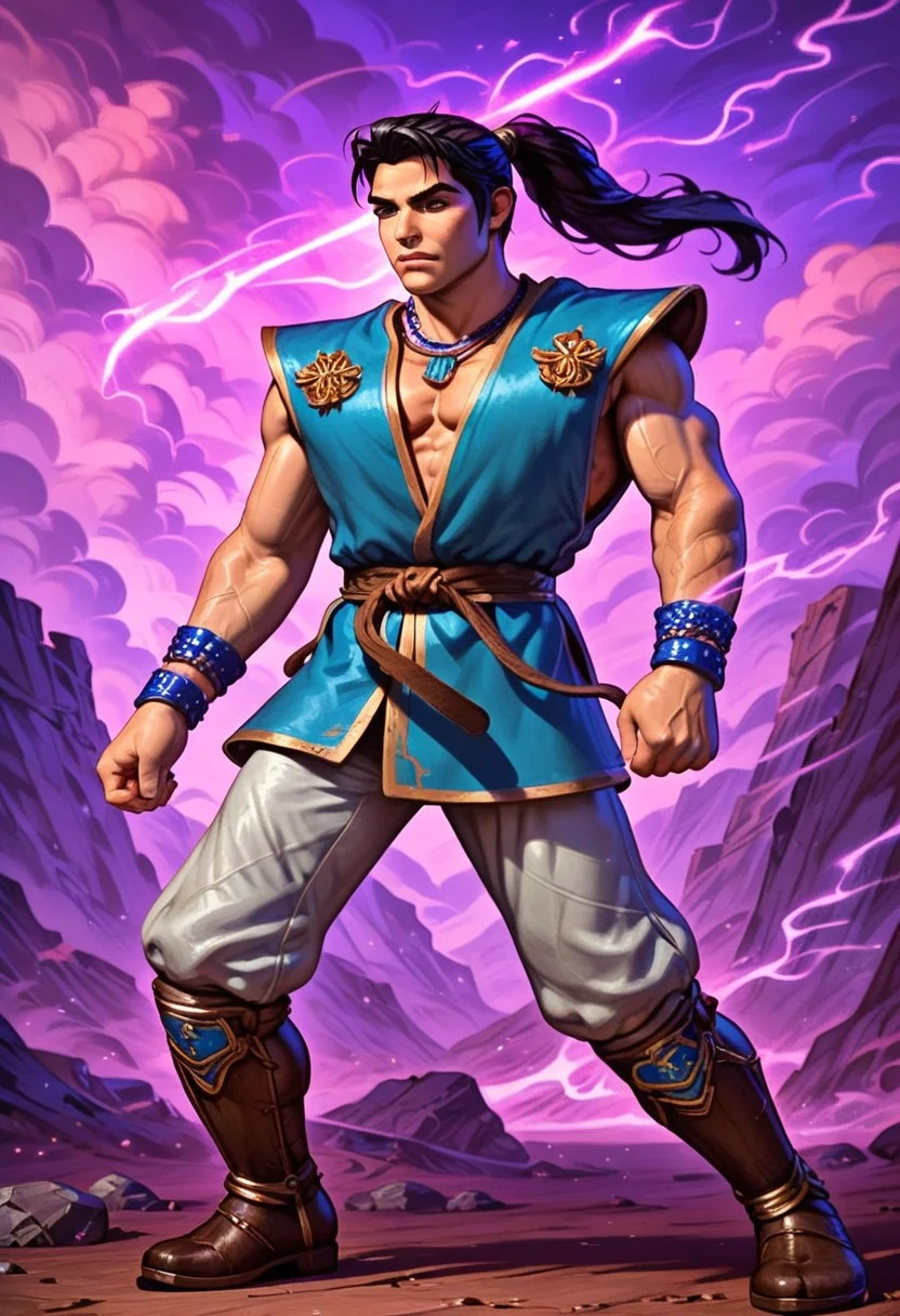 DonMC0m1cM4g1cXL, (dark, fantasy, magical, eerie) score_9, score_8_up, score_7_up, score_6_up, Kaze_Primal, black eyes, black hair, long hair, ponytail, blue gi-esque garment, brown lining, brown belt, two brown medallions on the chest, white pants, brown boots, armored boots, Kogake, necklace, wristbands , katanal, BREAK, background, plain, purple sky