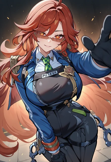 masterpiece, best quality, newest, absurdres, highres, 1girl, mavkRnd, symbol-shaped pupils, red eyes, large breasts, red hair, long hair, ahoge, <lora:Mavuika_illusXLNoobAI_Incrs_v2-000009:1>,
police uniform, blue jacket, long sleeves, black vest, white shirt, collared shirt, green necktie, black gloves, black pants, belt, <lora:zzz_zhuyuan_illustriousXL:1>, cowboy shot, seductive smile, handcuffs, handcuffs, dynamic pose, dutch angle, foreshortening, tinted eyewear, reaching towards viewer, looking at viewer, leaning forward,