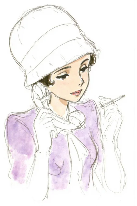 hayaomiyazaki2 illustration.
A woman wearing a hat and holding a cigarette in one hand and a telephone receiver in the other. Her eyes are closed. She is dressed in a light purple outfit. <lora:hayaomiyazaki2_cap_d8a4:1.0><lora:861036402538735728:0>