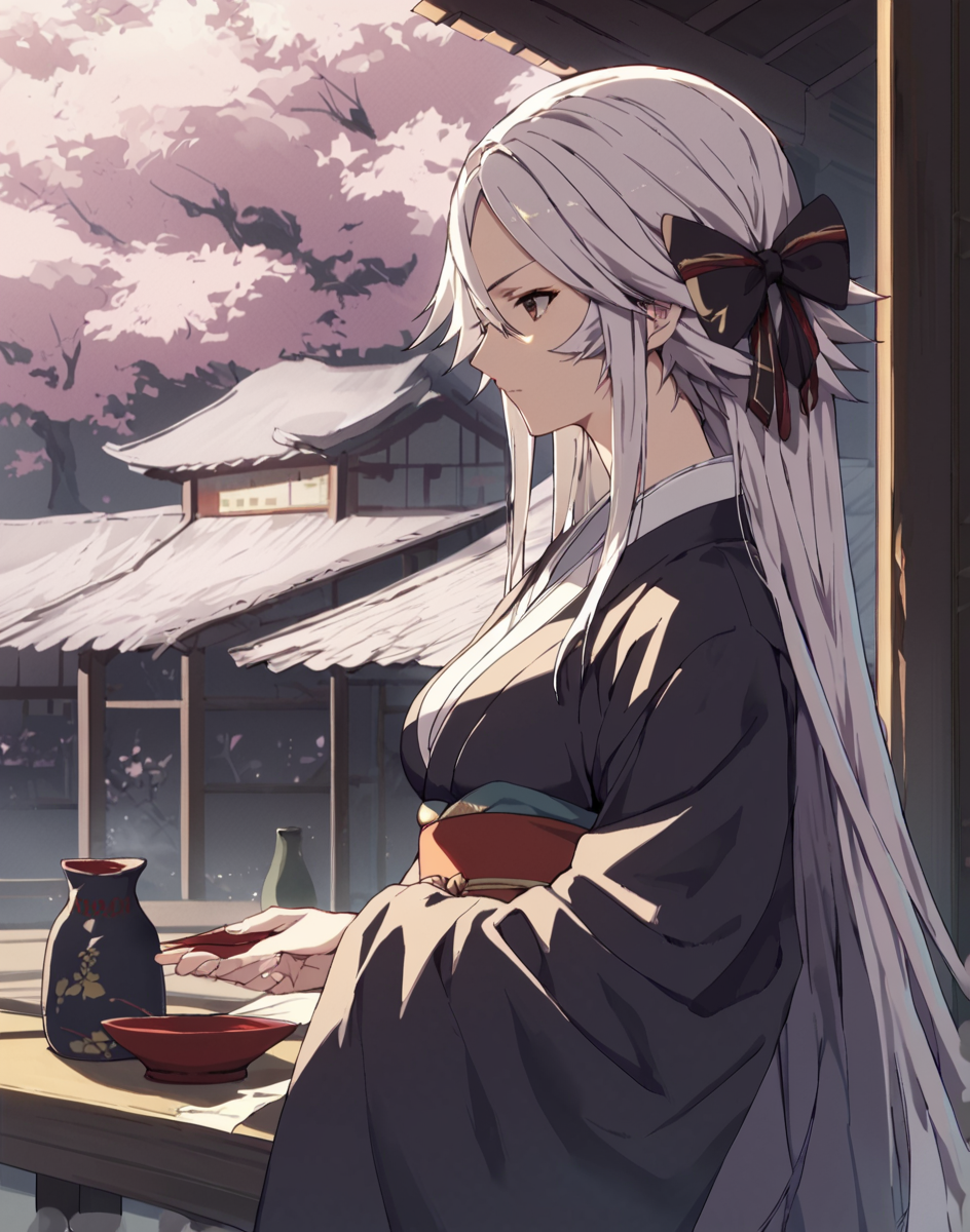 score_9, score_8_up, score_7_up, score_6_up, score_5_up, ((source_anime)),    <lora:AldraUT:1> aldraut, long hair ,1girl,  japanese clothes, kimono, front hair bow, japanese architecture, sake bottle