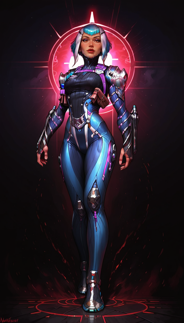 score_9, score_8_up, score_7_up, , detailed face,  best quality, perfect eyes, floating hair,  best quality,, perfect eyes,  detailed background, full body shot, from below, cowboy shot, cityscape, city background, dynamic pose, sexy pose, 
<lora:DetailedEyes_V3 helper eye:1>, looking at viewer, 
<lora:Expressive_H:0.45> Expressiveh, <lora:g0th1cPXL:0.35> g0thicPXL, glowing, neon, <lora:incase_style_v3-1_ponyxl_ilff Pony-St1le:0.6>,<lora:princess_xl_v2:0.75>,
, a0i, short hair, multicolored hair, bodysuit, multicolored hair, science fiction,  <lora:Warframe_1999_Aoi-000007:0.8>