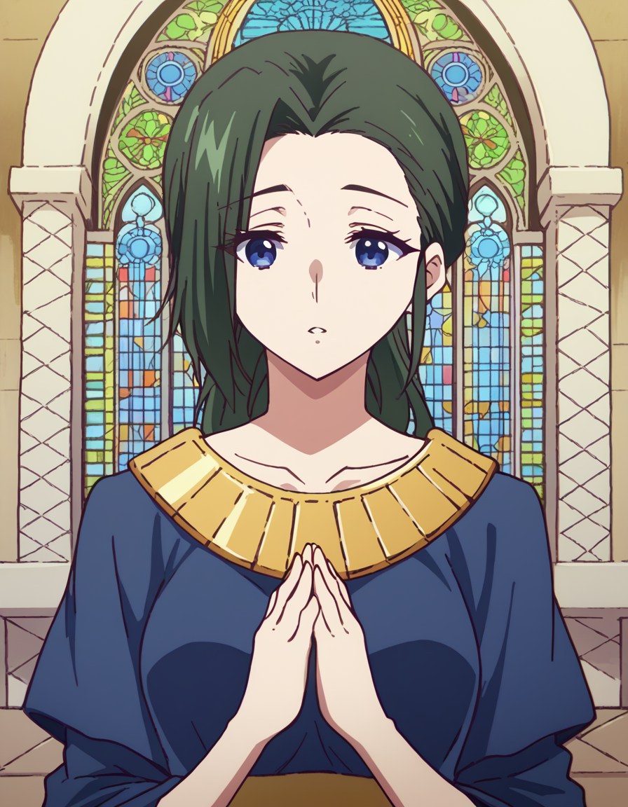 score_9, score_8_up, score_7_up, source_anime, <lora:haruhiko-mother-s1-ponyxl-lora-nochekaiser:1>, haruhiko mother, long hair, blue eyes, ponytail, green hair, medium breasts,, <lora:buddhist-nun-ponyxl-lora-nochekaiser:1>, buddhist nun, nun, habit, vitakra mudra, mudra, coif, gold necklace, priestess,, church, parted lips, praying,, cowboy shot, , dutch angle, cowboy shot