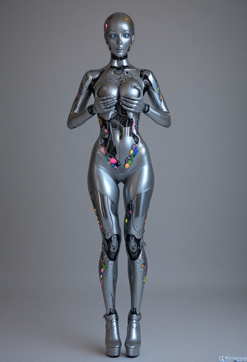 a full length wide shot of a robotic woman. image of a detailed pastel feminine robot, black outline, slim feminine figure, rainbow spandex bodysuit, white thigh-high stockings. exposed mechanical insides consisting of intricately connected components visible between pastel-coloured panels. intricate mechanical details, ((cute humanoid feminine face)). Exposed circuitry glows with holographic rainbow highlights. her sheer holographic thigh-high stockings with pastel trim hug her mechanical legs, revealing glimpses of the complex mechanical structure beneath. The stockings feature intricate geometric patterns that shimmer with rainbow iridescence. The composition is set against a gradient background of muted pastel-rainbow colours, playful reflections across the pastel surfaces. wide womanly hips, toned womanly thighs, , silicone skin, Shot from her side, dynamic anime pose, feet look like stiletto heels
pastel_style, Humanoid_Robot, KPB-Illu, lazyneg, lazypos, mechanical face parts, human eyes, holding her breasts in her hands, nipple outline
s1lc4t, pastel-rainbow catsuit, skin tight, shiny clothes, seamless clothes, digitigrade legs
cinematic film still, shallow depth of field, vignette, highly detailed, high budget, bokeh, cinemascope, moody, epic, gorgeous, film grain, grain, pastel clothing, rainbow dress, multicolored clothing, latex, midriff, cleavage cutout, choker