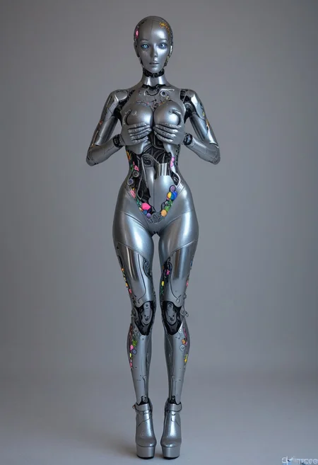 a full length wide shot of a robotic woman. image of a detailed pastel feminine robot, black outline, slim feminine figure, rainbow spandex bodysuit, white thigh-high stockings. exposed mechanical insides consisting of intricately connected components visible between pastel-coloured panels. intricate mechanical details, ((cute humanoid feminine face)). Exposed circuitry glows with holographic rainbow highlights. her sheer holographic thigh-high stockings with pastel trim hug her mechanical legs, revealing glimpses of the complex mechanical structure beneath. The stockings feature intricate geometric patterns that shimmer with rainbow iridescence. The composition is set against a gradient background of muted pastel-rainbow colours, playful reflections across the pastel surfaces. wide womanly hips, toned womanly thighs, , silicone skin, Shot from her side, dynamic anime pose, feet look like stiletto heels
pastel_style, Humanoid_Robot, KPB-Illu, lazyneg, lazypos, mechanical face parts, human eyes, holding her breasts in her hands, nipple outline
s1lc4t, pastel-rainbow catsuit, skin tight, shiny clothes, seamless clothes, digitigrade legs
cinematic film still, shallow depth of field, vignette, highly detailed, high budget, bokeh, cinemascope, moody, epic, gorgeous, film grain, grain, pastel clothing, rainbow dress, multicolored clothing, latex, midriff, cleavage cutout, choker