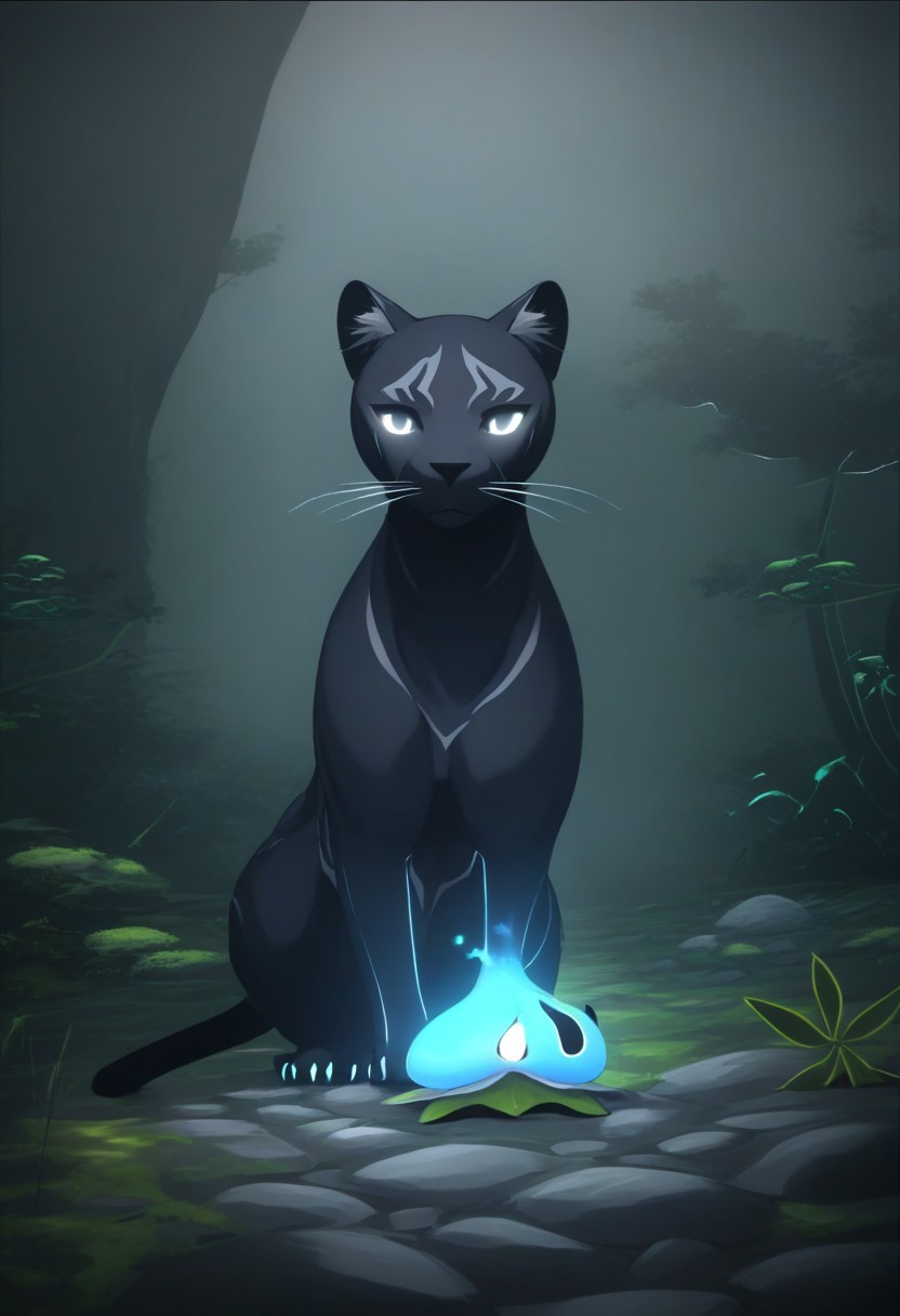 A sleek, midnight-black panther with glowing silver eyes and spectral, misty fur prowls through a highland jungle, half-concealed by the creeping fog. Its form appears to flicker between solid and shadow, giving it an ethereal presence. Bioluminescent fungi glow faintly in the background, illuminating ancient twisted roots and stones. Ink drips and painterly smudges blur the line between the physical and the spectral, making the panther feel like a guardian of unseen realms