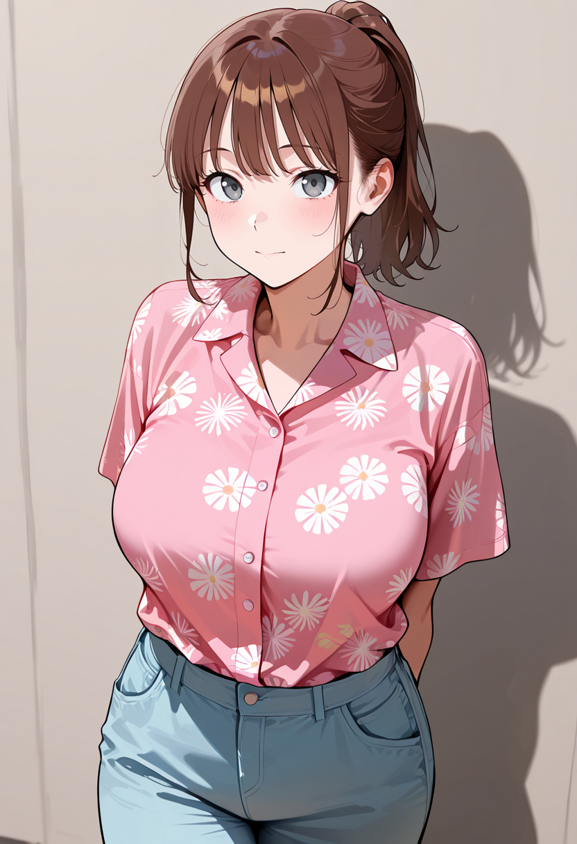 best quality, amazing quality, simple background,((outlined outlined vector graphics)),  beautiful scenery,
 ,  looking at viewer ,cowboy shot, front view ,  looking up 
1girl, 20yo, brown hair, gray eyes, (large breast:1.1), (ponytail:1.1), medium hair,(curvy:1.1),bangs , cute face, peaceful,
pink shirt,aloha shirt, pants,   walking ,  ,  arms behind back,  <lora:aloha-il-01:1>