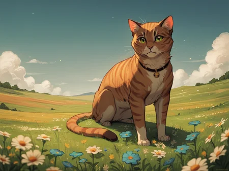 score_9, score_8_up, score_7_up, score_6_up, score_5_up, score_4_up, <lora:4l4r1k0XLP:0.6> 4l4r1k0, field, magical, flowers, glowing, cat