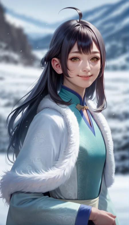 score_9,score_8_up,score_7_up,
<lora:xinxianying:0.9>,
xinxianying,
highres,photorealism,bloom,
1girl,solo,long black hair,bangs,ahoge,
yellow eyes,looking at viewer,smile,
white and cyan gown,fur cape,
upper body,hand on chesst,
blurry background,outdoors,winter,snowfield,light particles,