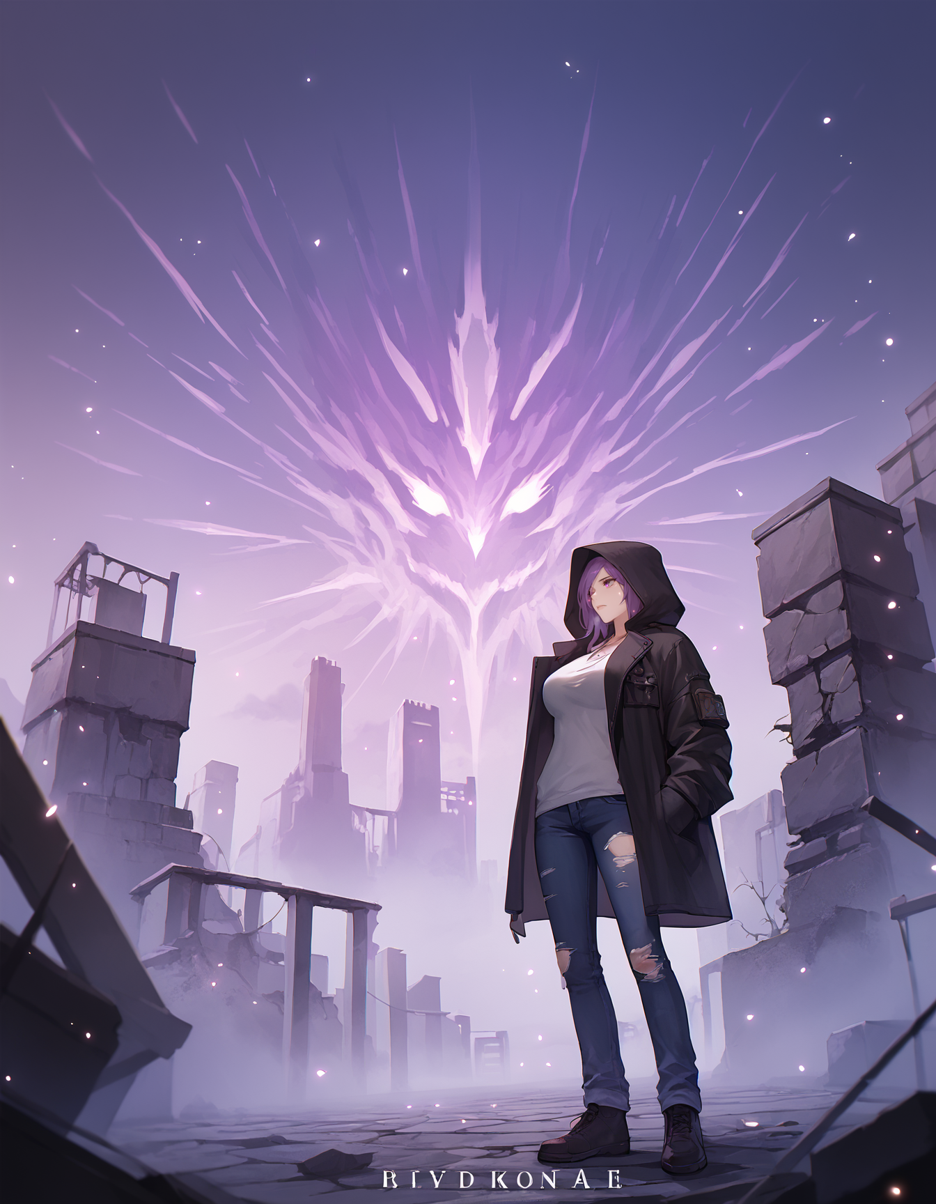 score_9, score_8_up, score_7_up BREAK 1girl, solo, large breasts, torn clothes, hoodie, coat, jeans, purple sky, fog, glowing, light particles, post-apocalypse, city, ruins